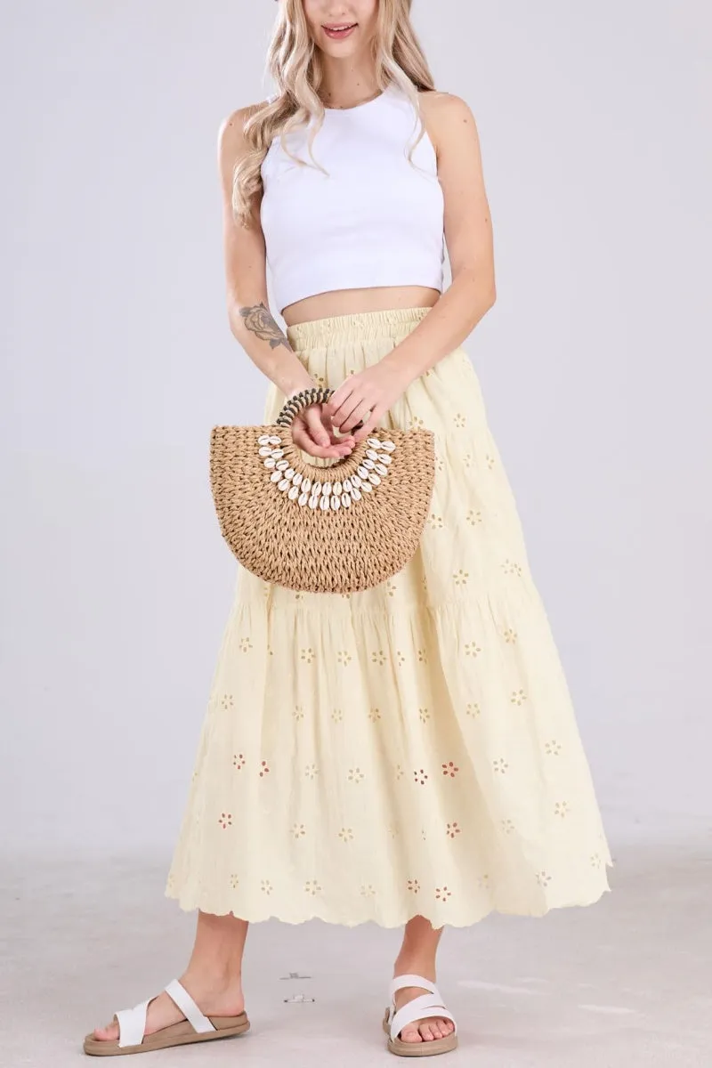Chouyatou Women's Lace Embroidery Eyelet Boho Skirt High Elastic Waisted Flowy Swing Midi Long Skirt