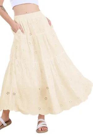 Chouyatou Women's Lace Embroidery Eyelet Boho Skirt High Elastic Waisted Flowy Swing Midi Long Skirt