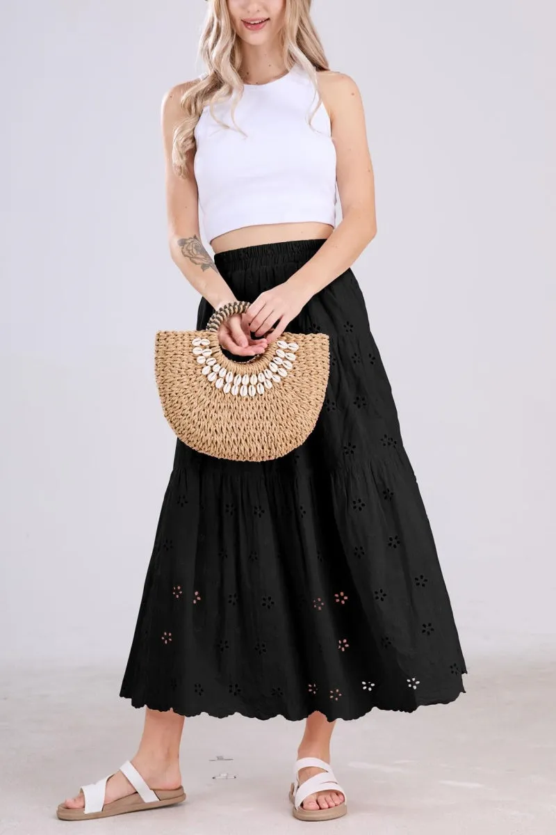 Chouyatou Women's Lace Embroidery Eyelet Boho Skirt High Elastic Waisted Flowy Swing Midi Long Skirt