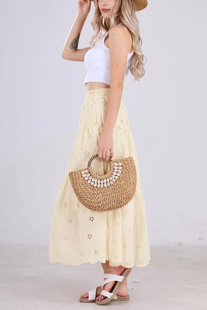 Chouyatou Women's Lace Embroidery Eyelet Boho Skirt High Elastic Waisted Flowy Swing Midi Long Skirt