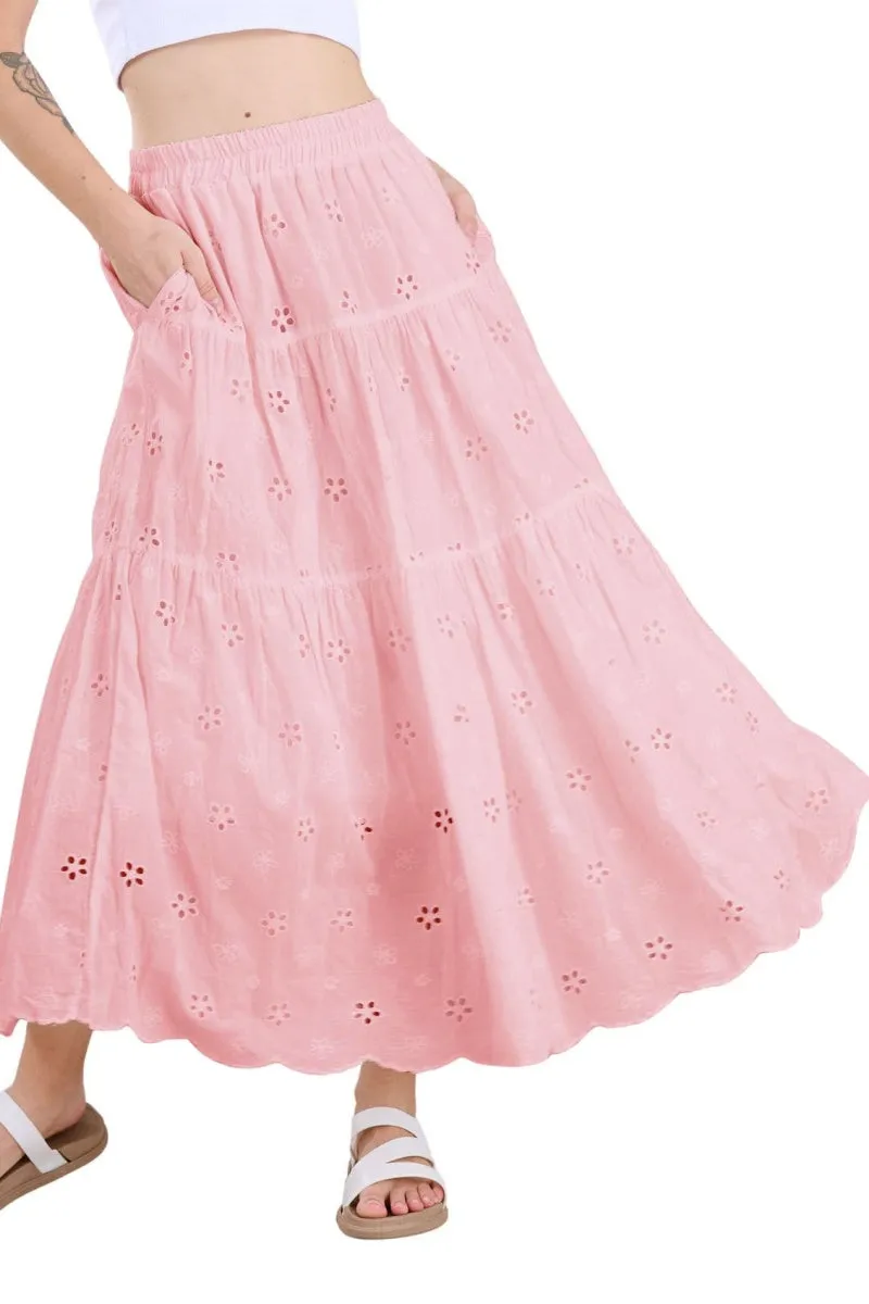 Chouyatou Women's Lace Embroidery Eyelet Boho Skirt High Elastic Waisted Flowy Swing Midi Long Skirt