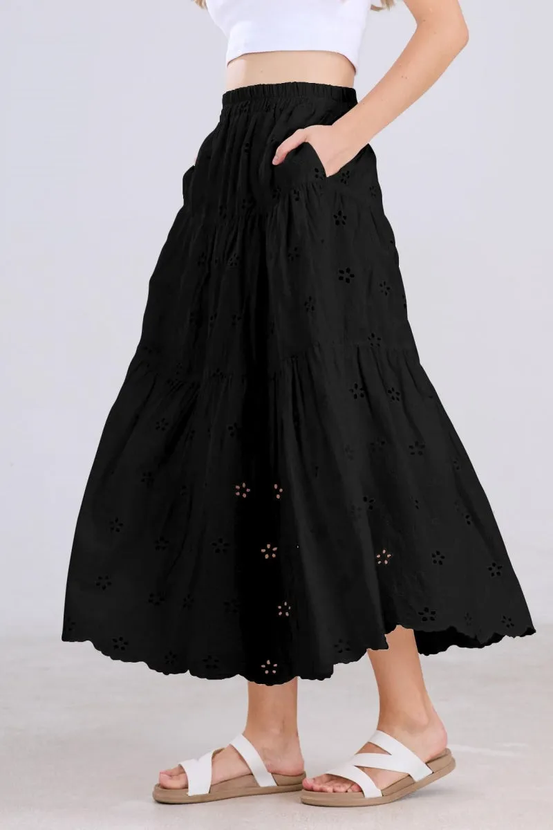 Chouyatou Women's Lace Embroidery Eyelet Boho Skirt High Elastic Waisted Flowy Swing Midi Long Skirt