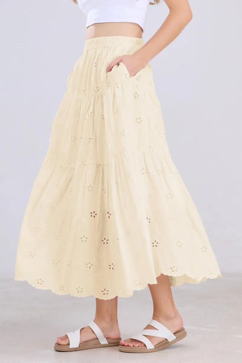 Chouyatou Women's Lace Embroidery Eyelet Boho Skirt High Elastic Waisted Flowy Swing Midi Long Skirt