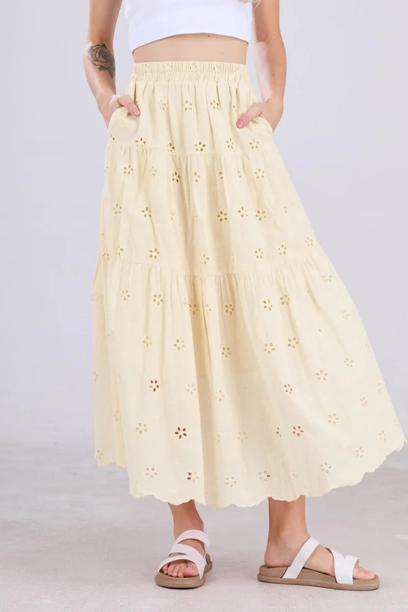 Chouyatou Women's Lace Embroidery Eyelet Boho Skirt High Elastic Waisted Flowy Swing Midi Long Skirt