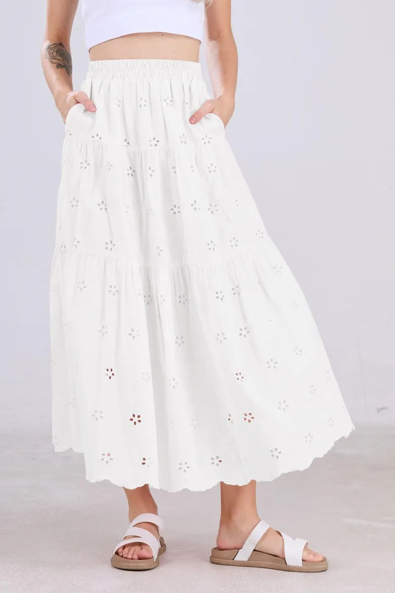 Chouyatou Women's Lace Embroidery Eyelet Boho Skirt High Elastic Waisted Flowy Swing Midi Long Skirt