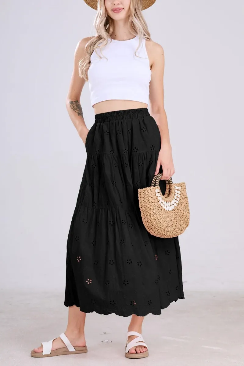 Chouyatou Women's Lace Embroidery Eyelet Boho Skirt High Elastic Waisted Flowy Swing Midi Long Skirt