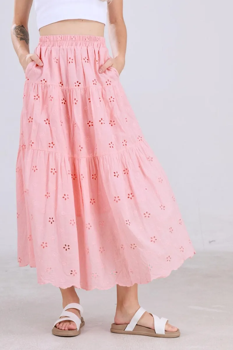 Chouyatou Women's Lace Embroidery Eyelet Boho Skirt High Elastic Waisted Flowy Swing Midi Long Skirt