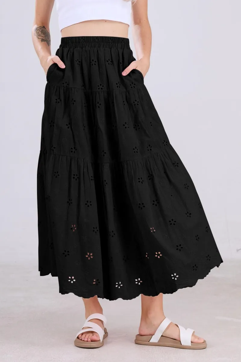 Chouyatou Women's Lace Embroidery Eyelet Boho Skirt High Elastic Waisted Flowy Swing Midi Long Skirt