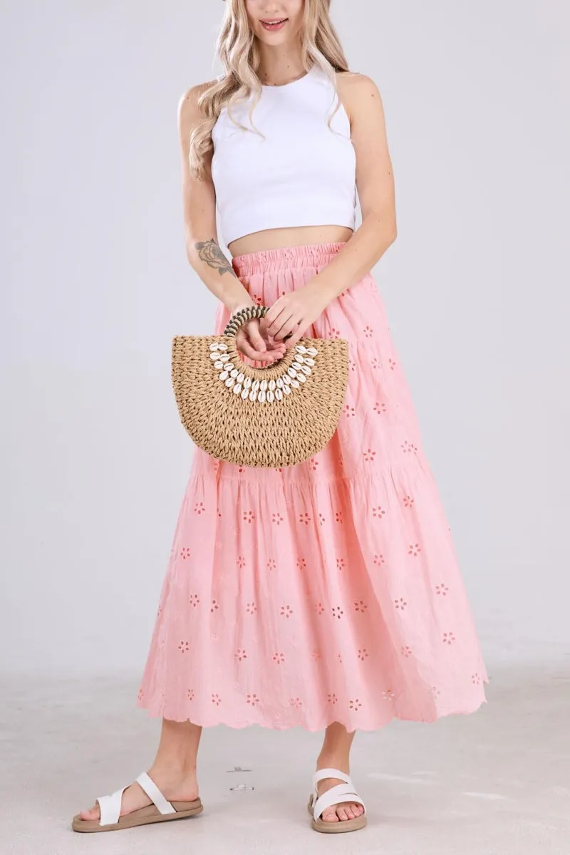 Chouyatou Women's Lace Embroidery Eyelet Boho Skirt High Elastic Waisted Flowy Swing Midi Long Skirt