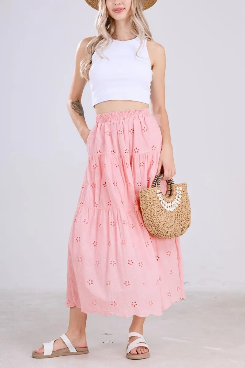Chouyatou Women's Lace Embroidery Eyelet Boho Skirt High Elastic Waisted Flowy Swing Midi Long Skirt
