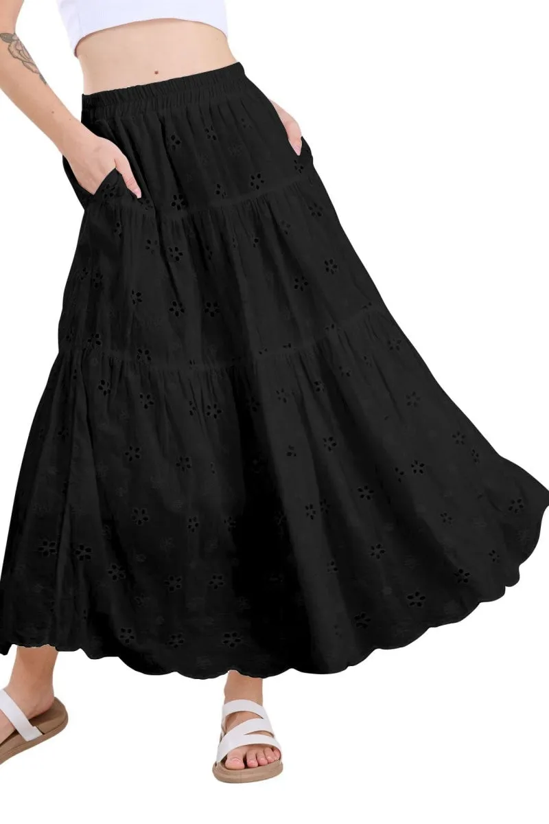 Chouyatou Women's Lace Embroidery Eyelet Boho Skirt High Elastic Waisted Flowy Swing Midi Long Skirt