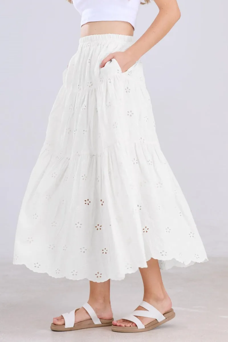 Chouyatou Women's Lace Embroidery Eyelet Boho Skirt High Elastic Waisted Flowy Swing Midi Long Skirt