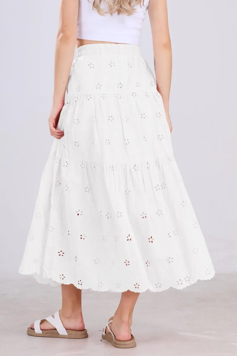 Chouyatou Women's Lace Embroidery Eyelet Boho Skirt High Elastic Waisted Flowy Swing Midi Long Skirt