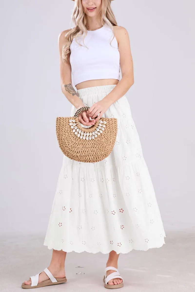 Chouyatou Women's Lace Embroidery Eyelet Boho Skirt High Elastic Waisted Flowy Swing Midi Long Skirt