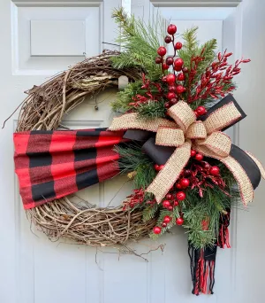 Christmas Wreath with Buffalo Plaid Scarf, Winter Wreath for Front Door with Red Berries and Evergreen, Farmhouse Holiday Front Porch