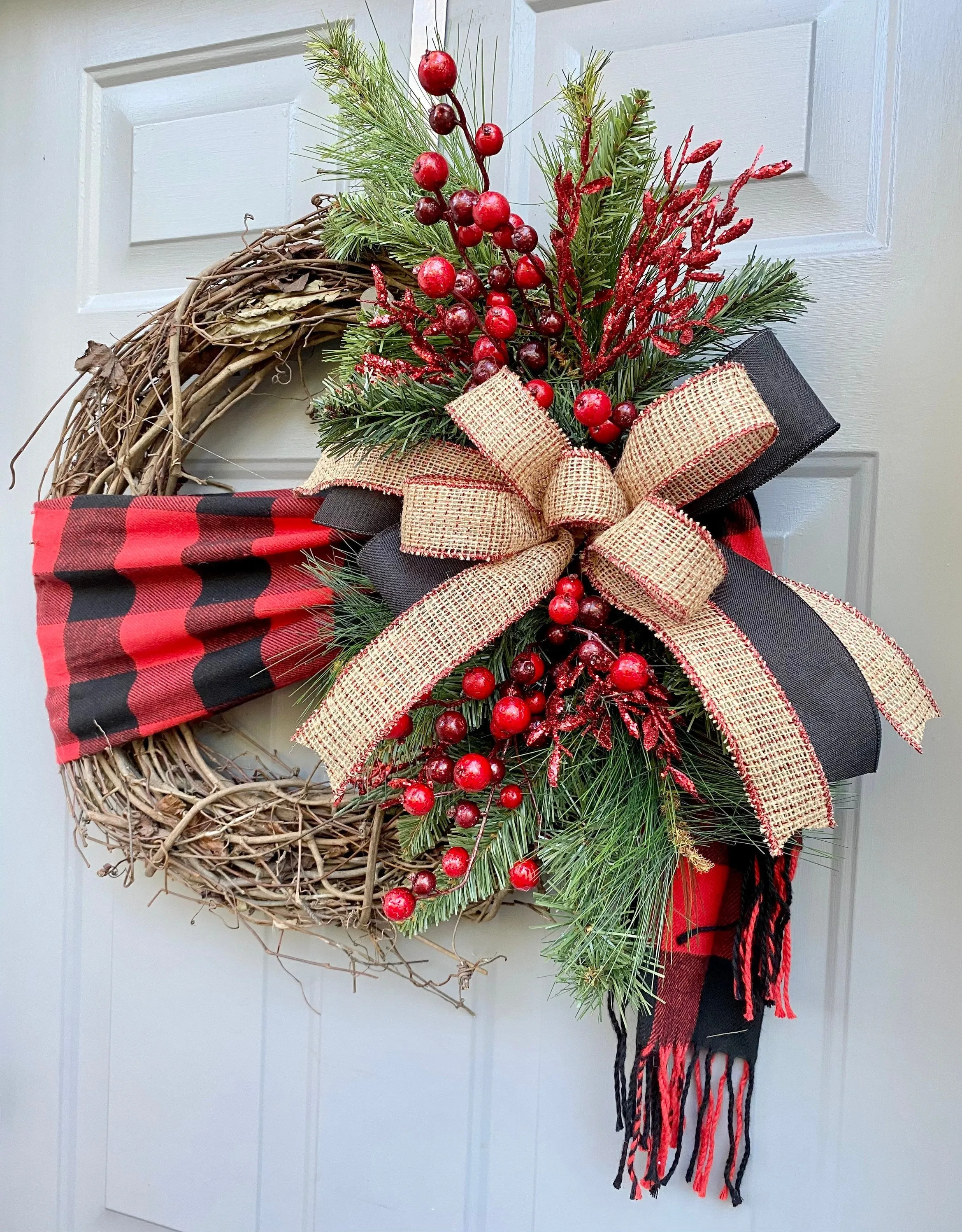 Christmas Wreath with Buffalo Plaid Scarf, Winter Wreath for Front Door with Red Berries and Evergreen, Farmhouse Holiday Front Porch