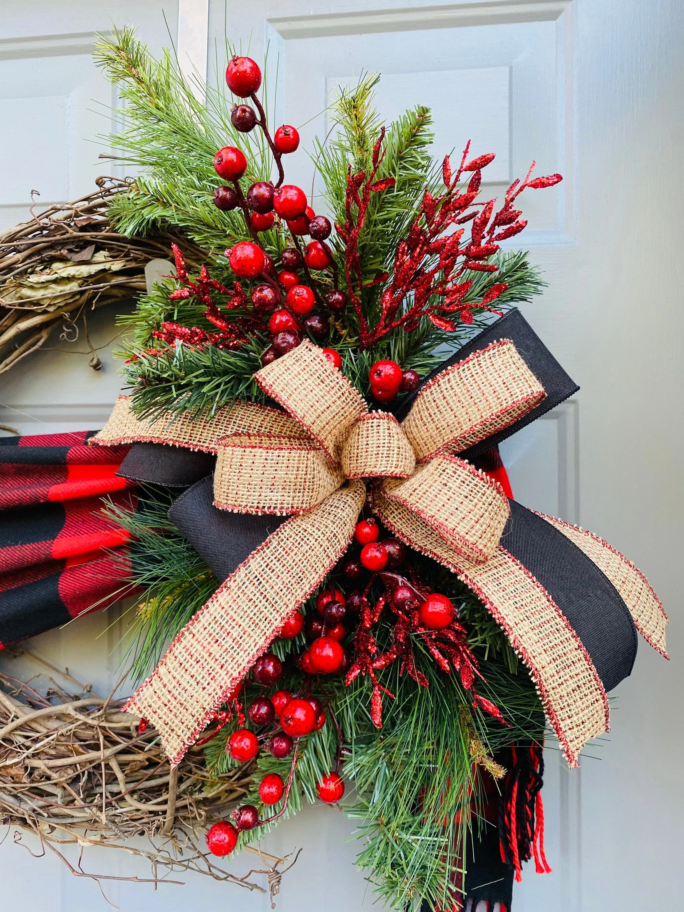 Christmas Wreath with Buffalo Plaid Scarf, Winter Wreath for Front Door with Red Berries and Evergreen, Farmhouse Holiday Front Porch