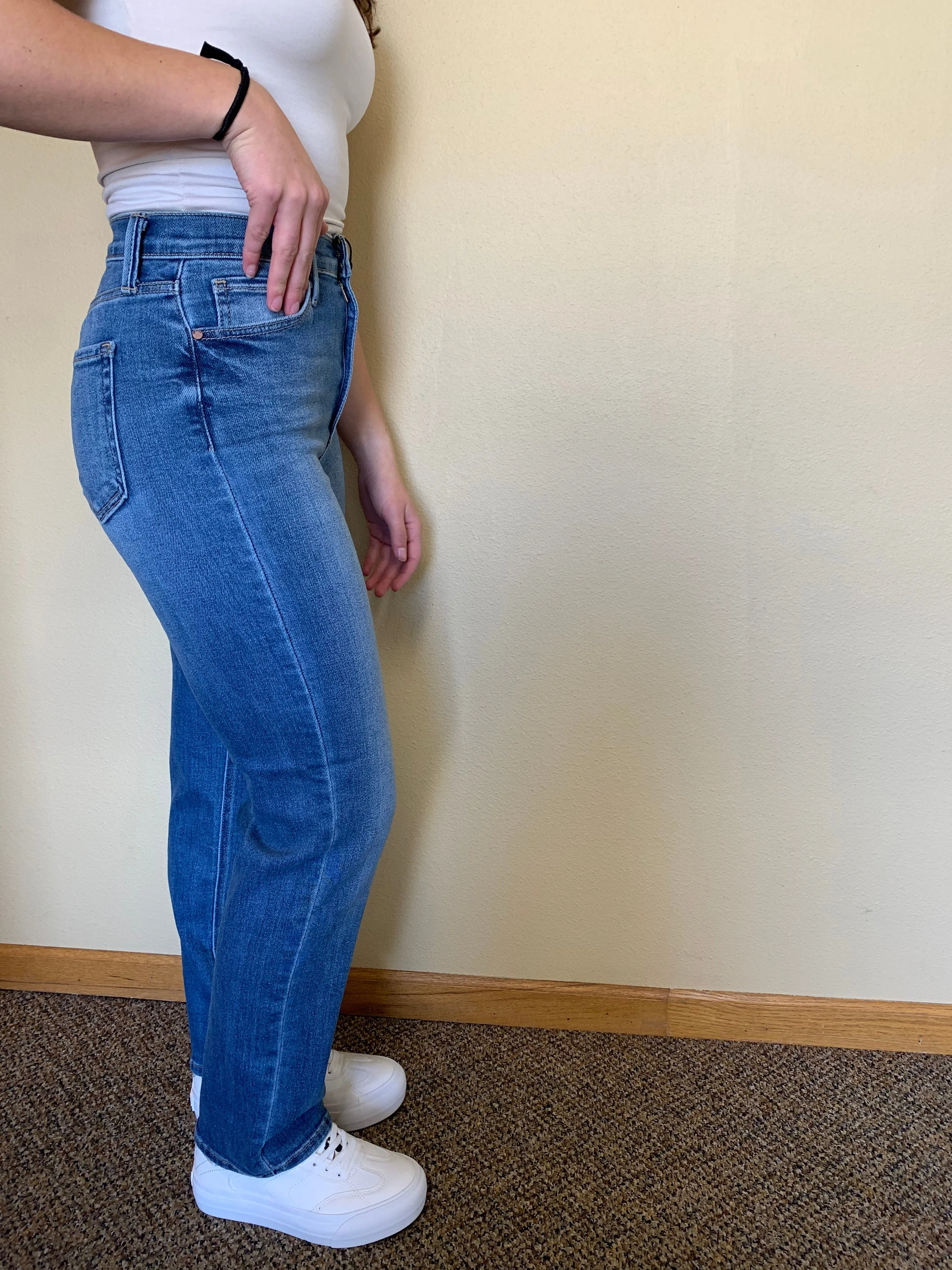 classic medium wash high rise straight jeans