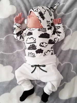 Clouds Baby Bodysuit, White Pants & Knotted Hat 3 Piece Outfit - Black & White 9 to 12 months