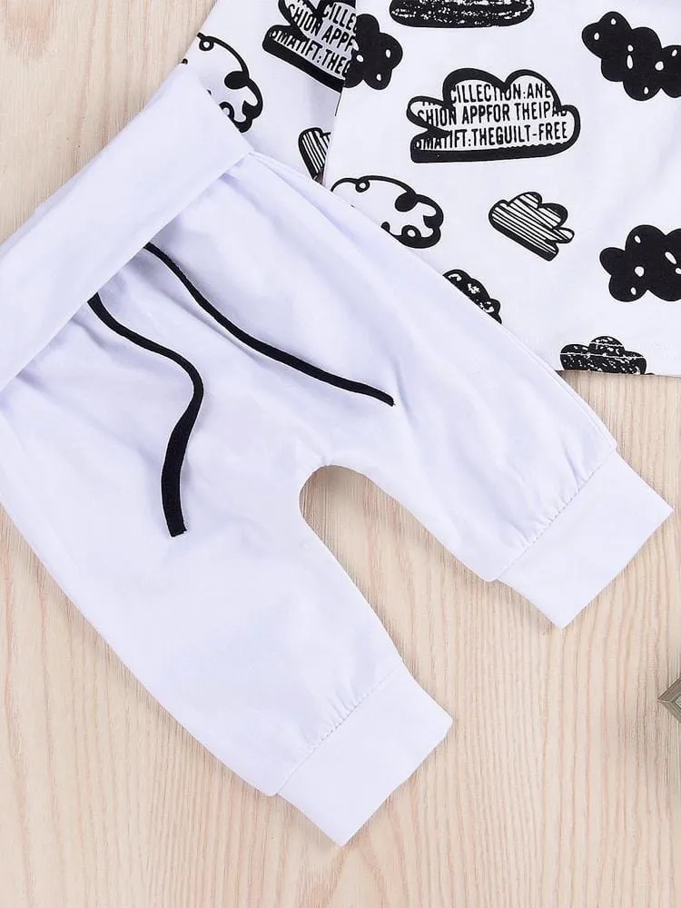 Clouds Baby Bodysuit, White Pants & Knotted Hat 3 Piece Outfit - Black & White 9 to 12 months
