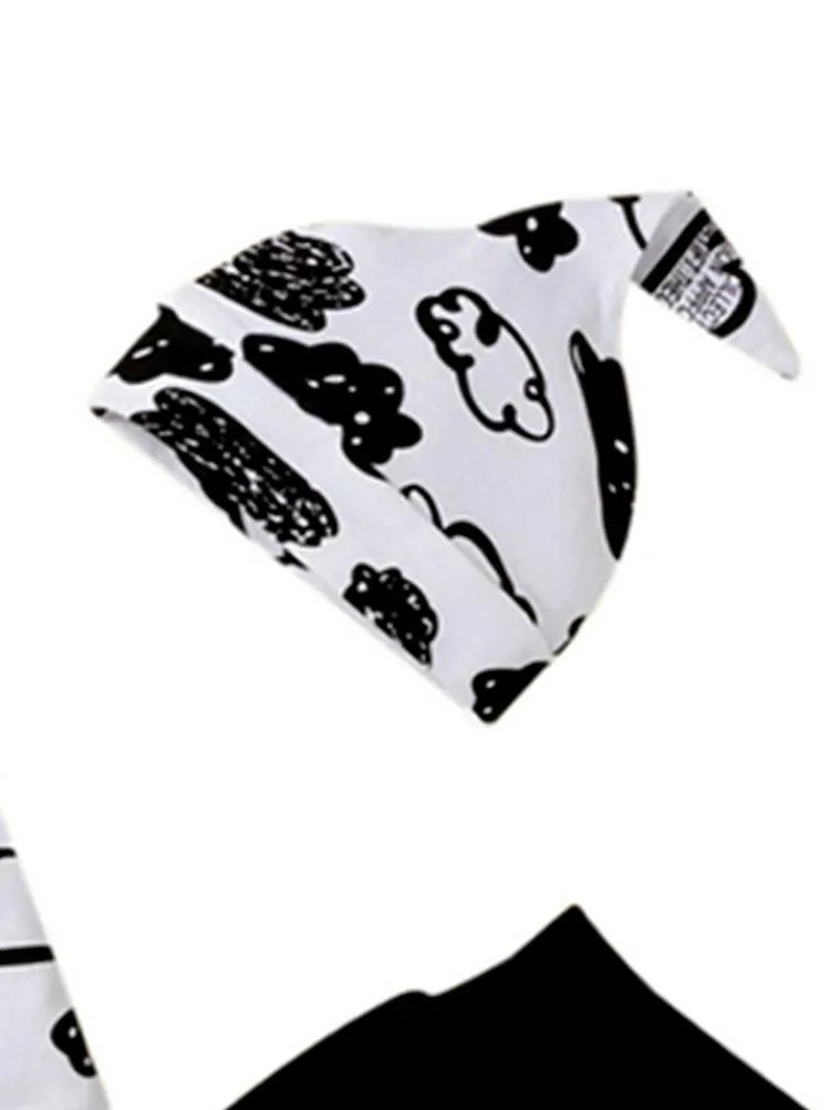 Clouds Baby Bodysuit, White Pants & Knotted Hat 3 Piece Outfit - Black & White 9 to 12 months