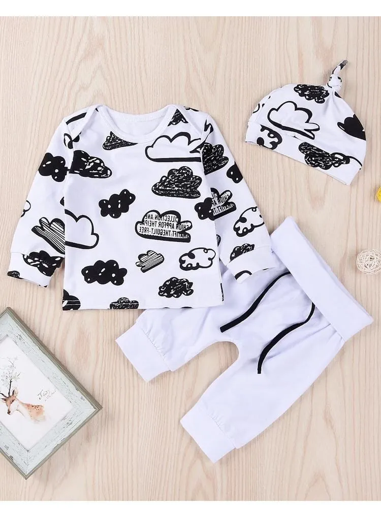 Clouds Baby Bodysuit, White Pants & Knotted Hat 3 Piece Outfit - Black & White 9 to 12 months