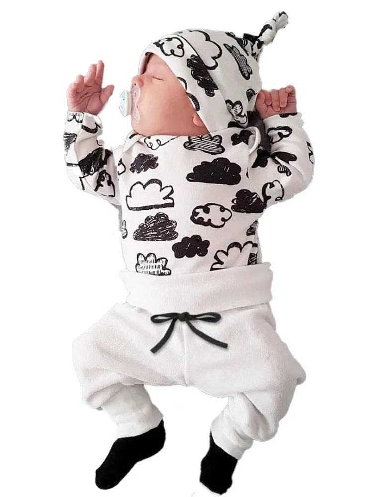 Clouds Baby Bodysuit, White Pants & Knotted Hat 3 Piece Outfit - Black & White 9 to 12 months