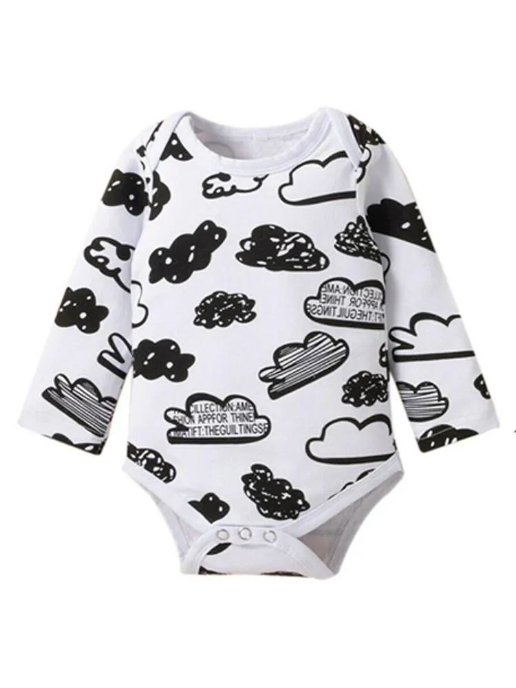 Clouds Baby Bodysuit, White Pants & Knotted Hat 3 Piece Outfit - Black & White 9 to 12 months