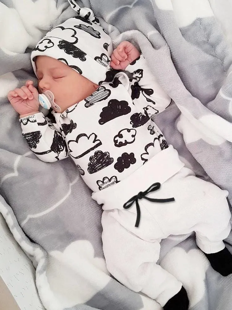 Clouds Baby Bodysuit, White Pants & Knotted Hat 3 Piece Outfit - Black & White 9 to 12 months