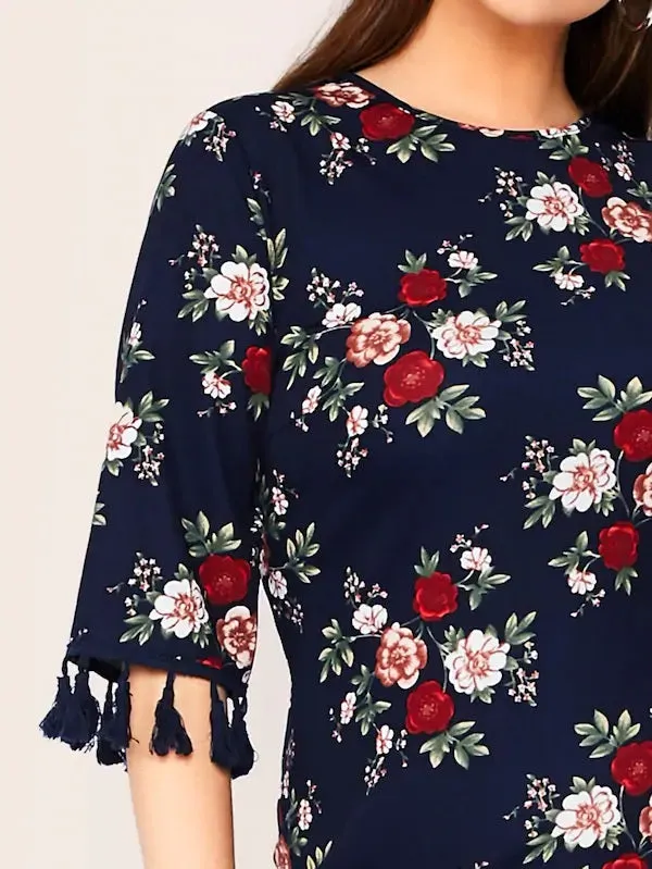 CM-DP611912 Plus Size Casual Seoul Style Floral Print Tassel Detail Pencil Dress - Navy Blue