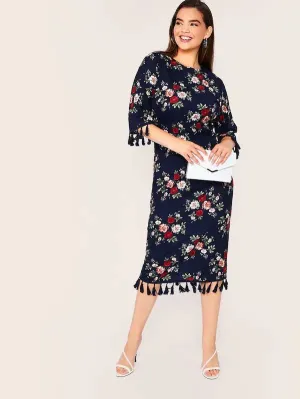 CM-DP611912 Plus Size Casual Seoul Style Floral Print Tassel Detail Pencil Dress - Navy Blue