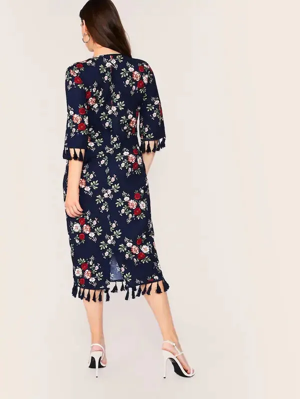 CM-DP611912 Plus Size Casual Seoul Style Floral Print Tassel Detail Pencil Dress - Navy Blue