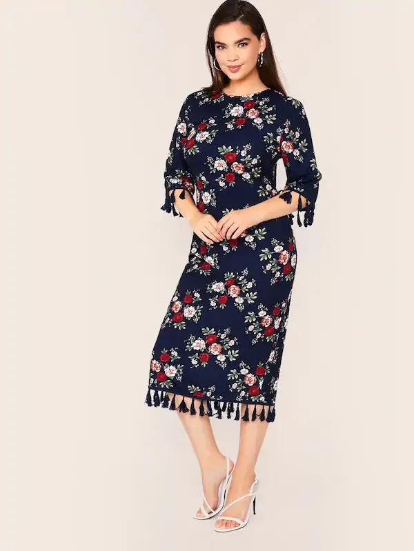 CM-DP611912 Plus Size Casual Seoul Style Floral Print Tassel Detail Pencil Dress - Navy Blue