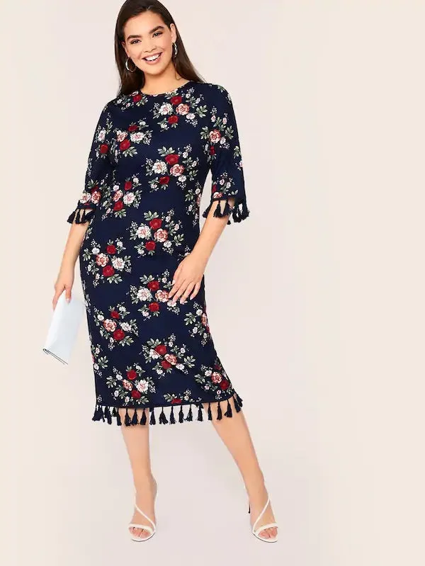CM-DP611912 Plus Size Casual Seoul Style Floral Print Tassel Detail Pencil Dress - Navy Blue