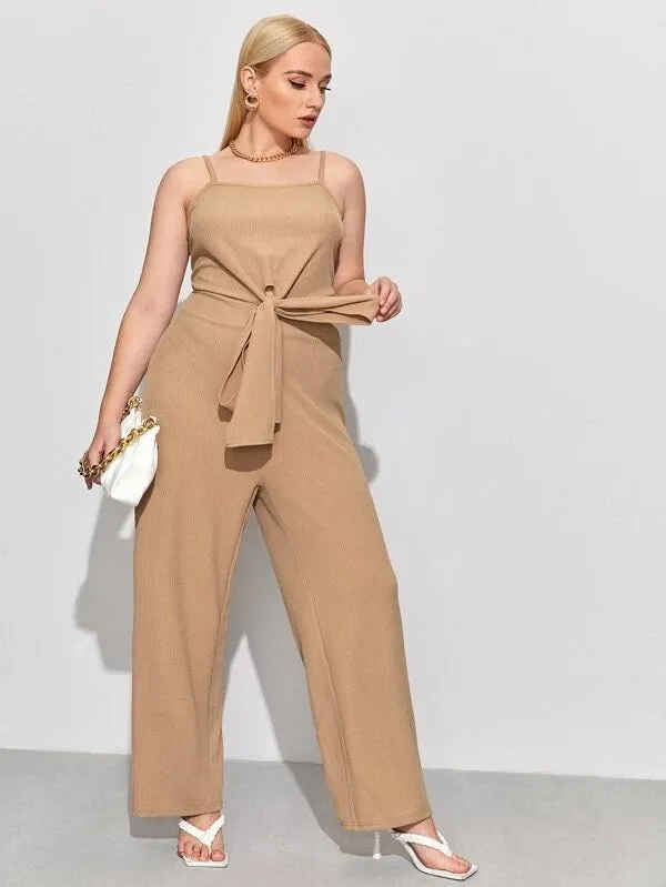 CM-JPS113296 Women Plus Size Sleeveless Solid Tie Front Jumpsuit - Khaki