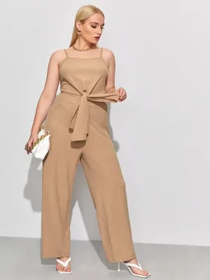 CM-JPS113296 Women Plus Size Sleeveless Solid Tie Front Jumpsuit - Khaki