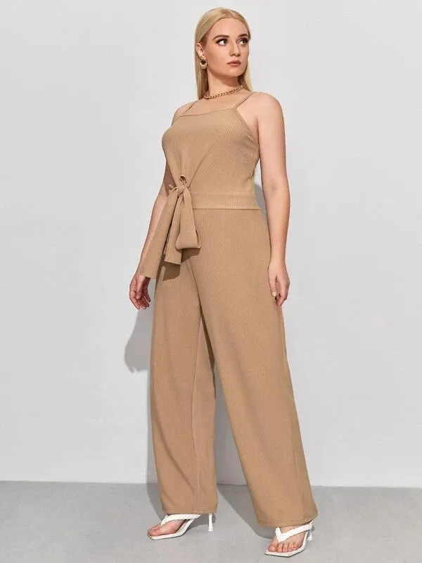 CM-JPS113296 Women Plus Size Sleeveless Solid Tie Front Jumpsuit - Khaki