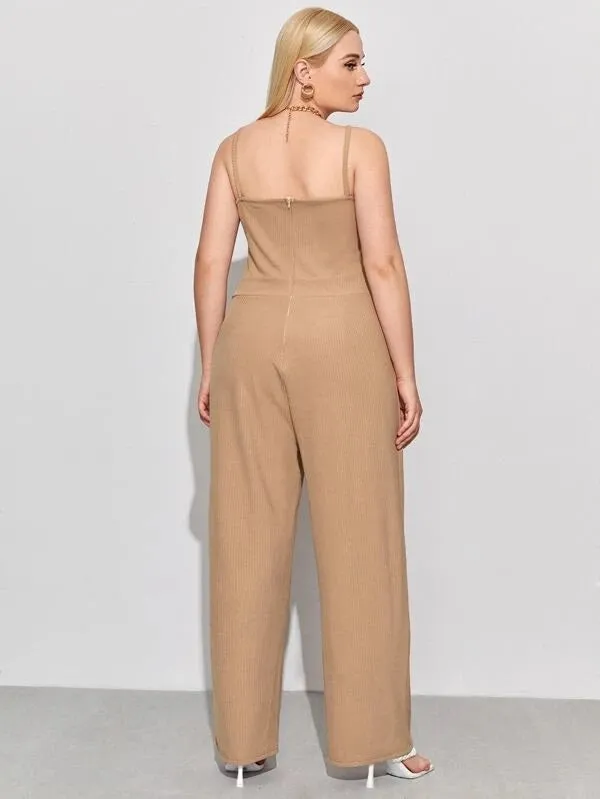 CM-JPS113296 Women Plus Size Sleeveless Solid Tie Front Jumpsuit - Khaki