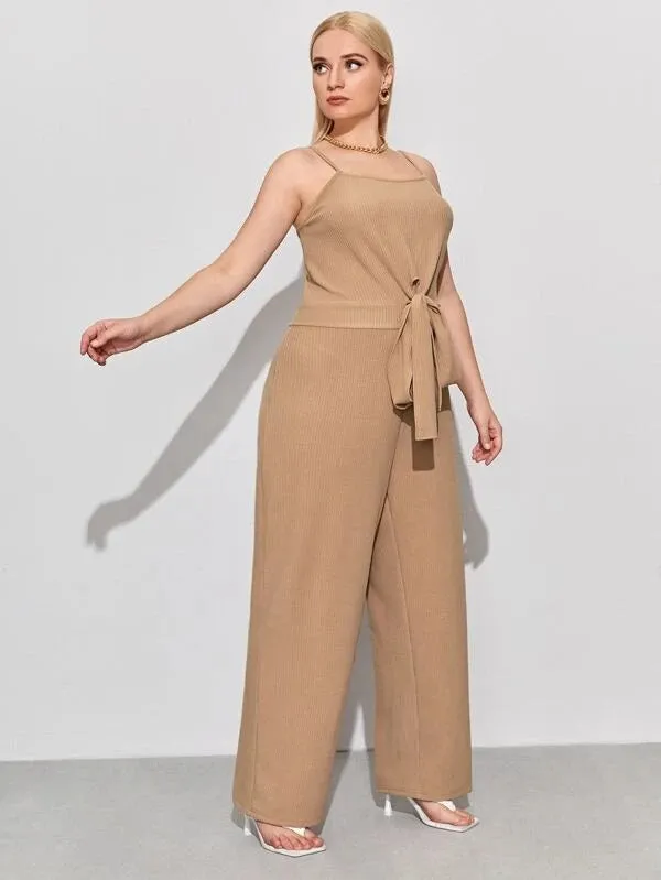 CM-JPS113296 Women Plus Size Sleeveless Solid Tie Front Jumpsuit - Khaki
