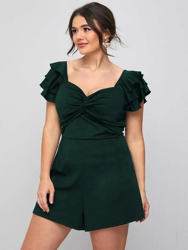 CM-JPS119684 Women Plus Size Sweetheart Neck Ruffle Trim Twist Romper - Dark Green
