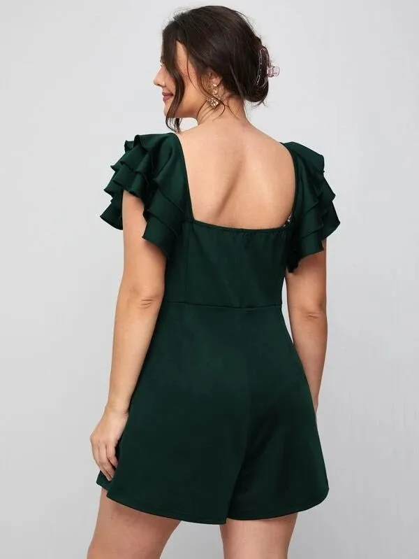 CM-JPS119684 Women Plus Size Sweetheart Neck Ruffle Trim Twist Romper - Dark Green