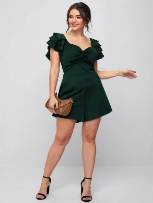 CM-JPS119684 Women Plus Size Sweetheart Neck Ruffle Trim Twist Romper - Dark Green