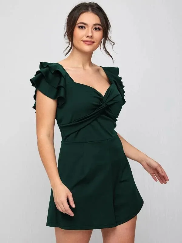 CM-JPS119684 Women Plus Size Sweetheart Neck Ruffle Trim Twist Romper - Dark Green