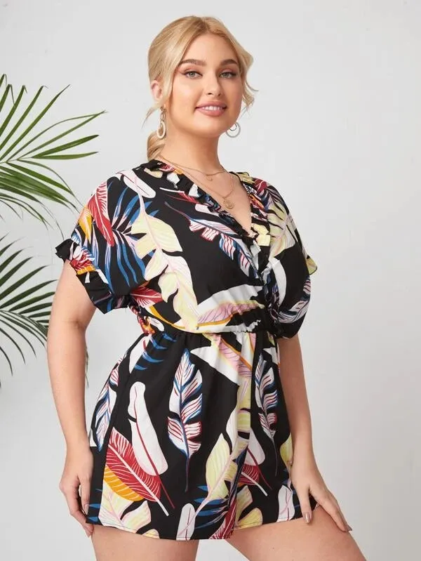 CM-JPS127275 Women Plus Size V-Neck Short Sleeve Tropical Print Frill Trim Romper