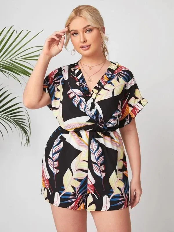 CM-JPS127275 Women Plus Size V-Neck Short Sleeve Tropical Print Frill Trim Romper