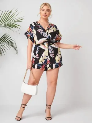 CM-JPS127275 Women Plus Size V-Neck Short Sleeve Tropical Print Frill Trim Romper