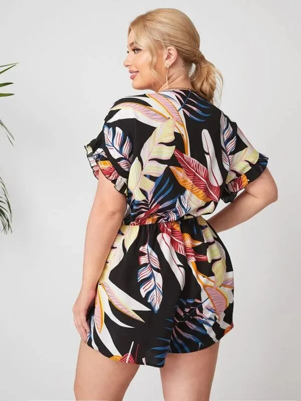 CM-JPS127275 Women Plus Size V-Neck Short Sleeve Tropical Print Frill Trim Romper