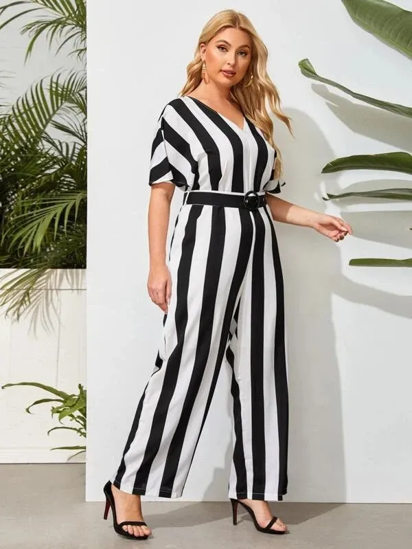 CM-JPS305239 Women Plus Size Striped Batwing Sleeve Belted Culotte Jumpsuit