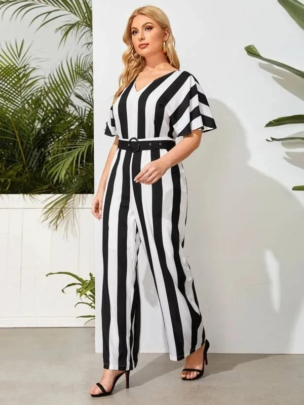 CM-JPS305239 Women Plus Size Striped Batwing Sleeve Belted Culotte Jumpsuit