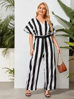 CM-JPS305239 Women Plus Size Striped Batwing Sleeve Belted Culotte Jumpsuit